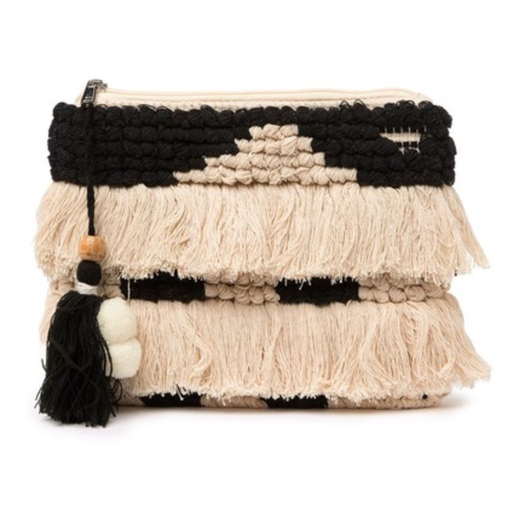 NWT! Black and Tan Fringe Macrame Clutch - Picture 1 of 5